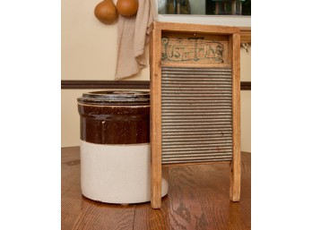 FARMHOUSE CROCK & SMALL NATIONAL WASHBOARD