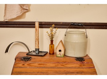 GROUPING of TIN CHAMBER LAMP, CROCK, VASE & HOUSE