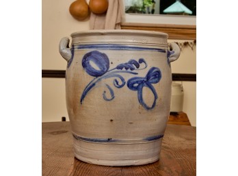 SALT-GLAZED STONEWARE CROCK with COBALT DECORATION