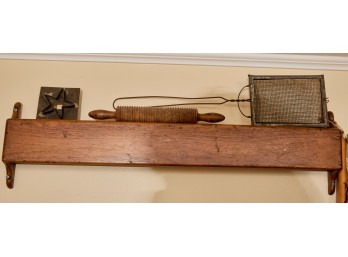 (19th c) HANGING SHELF ROLLING PIN etc