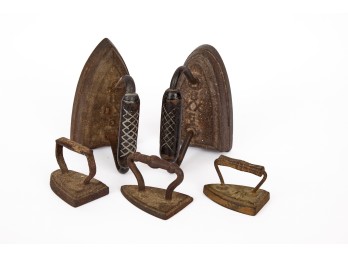 (3) SOLID CAST IRON LACE IRONS and (2) FLAT IRONS