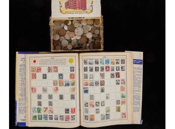 CIGAR BOX CONTAINING INTERNATIONAL COINS & STAMP ALBUM
