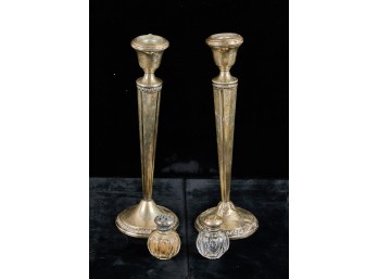 PAIR of STERLING SILVER CANDLESTICKS & SHAKER LIDS