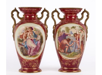 PAIR of (19th c) CONTINENTAL PORCELAIN VASES