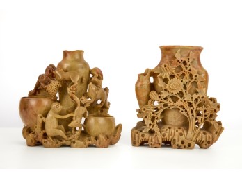 (2) CARVED CHINESE SOAPSTONE VASES/BRUSH STANDS