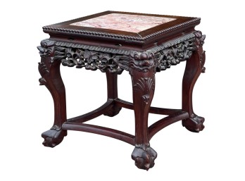 (19th c) CARVED CHINESE ROSEWOOD MARBLE TOP STAND