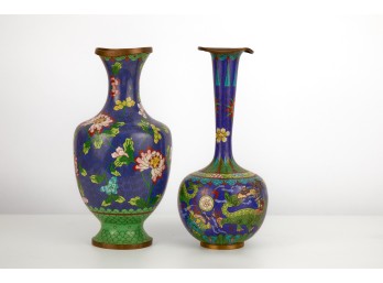 (2) ROYAL BLUE CHINESE CLOISONNE VASES