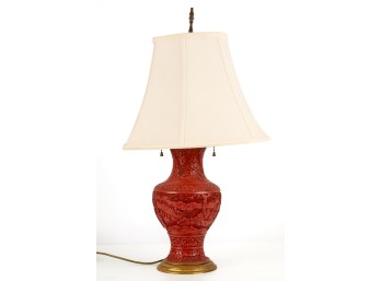CHINESE CARVED CINNABAR TABLE LAMP