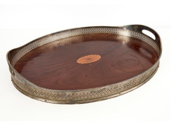 INLAID MAHOGANY TRAY W SILVER PLATE GALLERY