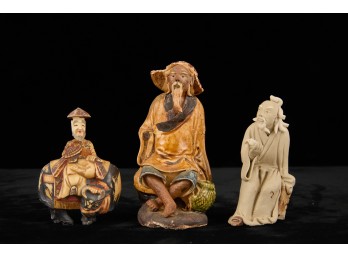 (2) CHINESE MUD FIGURES & (1) CARVED FIGURE