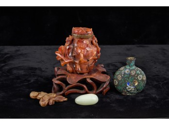 CHINESE CARVED CARNELIAN VASE, NETSUKE, ETC