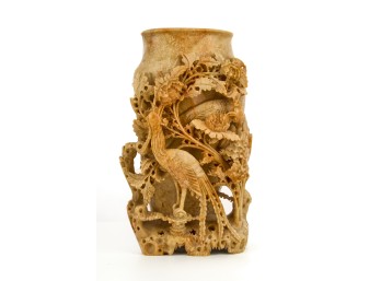 LARGE CARVED CHINESE SOAPSTONE VASE w PEACOCKS