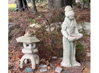 CAST STONE PAGODA & FIGURAL BIRD BATH