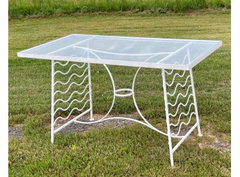 MID CENTURY GLASS TOP WROUGHT IRON TABLE