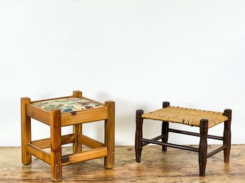 (2) FOOTSTOOLS: WOVEN & UPHOLSTERED