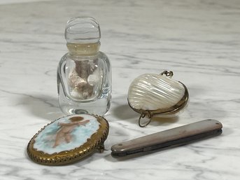 PORCELAIN BROOCH PAINTED With CHERUB Etc
