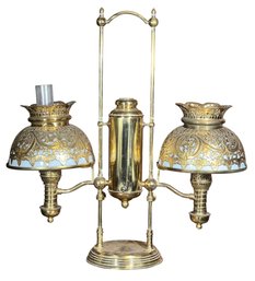 GILDED AGE BRASS DUPLEX OIL LAMP With BRASS SHADES