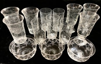 (11) VINTAGE CUT GLASS GLASSES & (3) WINE RINSERS
