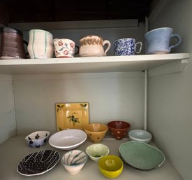 (2) SHELVES Of MOSTLY ARTISAN CRAFTED CERAMICS
