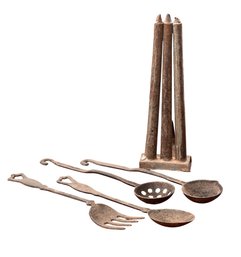 CANDLE MOLD & (4) LATER CAST IRON UTENSILS