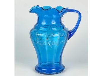 VICTORIAN GLASS WATER PITCHER w ENAMEL DECORATION