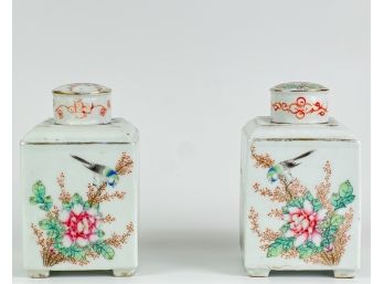 PAIR SIGNED CHINESE TEA CADDIES w SONGBIRDS