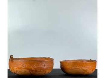 (2) TERRA COTTA MEXICAN BOWLS w INCISED DECORATION