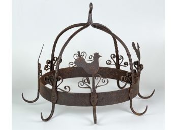 WROUGHT IRON POT RACK w ROOSTER MOTIF