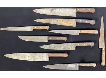 GROUP (9) VINTAGE WOOD HANDLE CHEF'S KNIVES