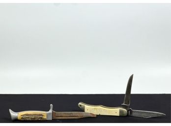 (2) BONE HANDLED KNIVES: (1) WITH SCRIMSHAW