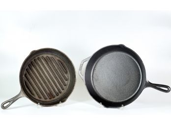 (2) LODGE CAST IRON PANS: SKILLET & GRILL