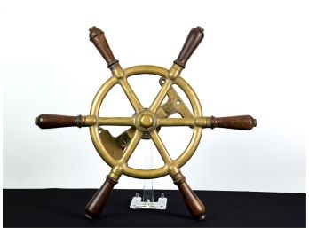 VINTAGE FRENCH BRASS & MAHOGANY YACHT WHEEL