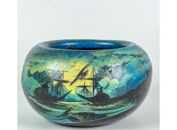 TERRACOTTA PLANTER w HAND PAINTED NAUTICAL SCENE