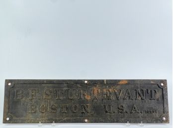 CAST IRON 'B.F. STURTEVANT BOSTON USA' PLAQUE