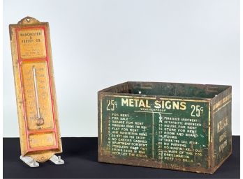 (2) TIN LITHO PCS: SIGNS HOLDER & THERMOMETER