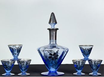 SILVER OVERLAY DECANTER & (6) CORDIALS