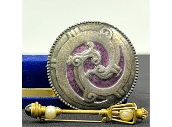 (2) BROOCHES: LAMPST w PEARLS & VICTORIAN ENAMEL