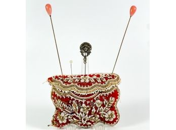 BEADED VICTORIAN PIN CUSHION w HAT PINS