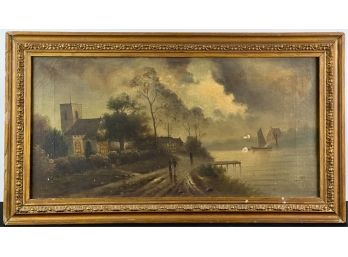 (19th C) ENGLISH SCHOOL 'TURRIFORM CHURCH w RIVER'