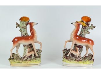 PAIR (19th C) STAFFORDSHIRE DEER VASES