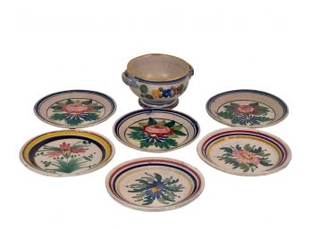ITALIAN FAIENCE FOOTED BOWL & PLATES