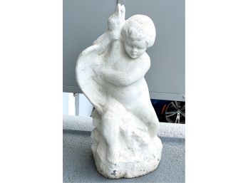 CAST STONE BOY STRUGGLING W GOOSE GARDEN SCULPTURE