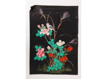 LARGE ASIAN WATERCOLOR ON PAPER: FLOWERS & BIRD