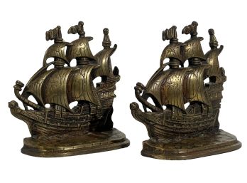 PR CIRCA 1925 VINTAGE BRASS SHIP BOOKENDS