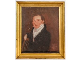 19th c PORTRAIT of MAN LEANING ON CHAIR