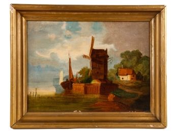 LATE 19th c OIL ON CANVAS SHIP at WINDMILL