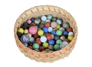 VINTAGE MARBLES IN COVERED BASKET