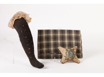 (2) ANTIQUE PIN CUSHIONS & A FABRIC POCKET PURSE