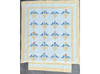 HANDMADE BED COVER: BLUE BIRDS AND FLOWERS