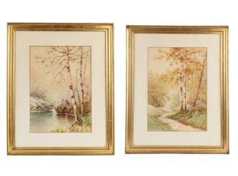 VINTAGE PAIR BIRCH TREE WATERCOLORS